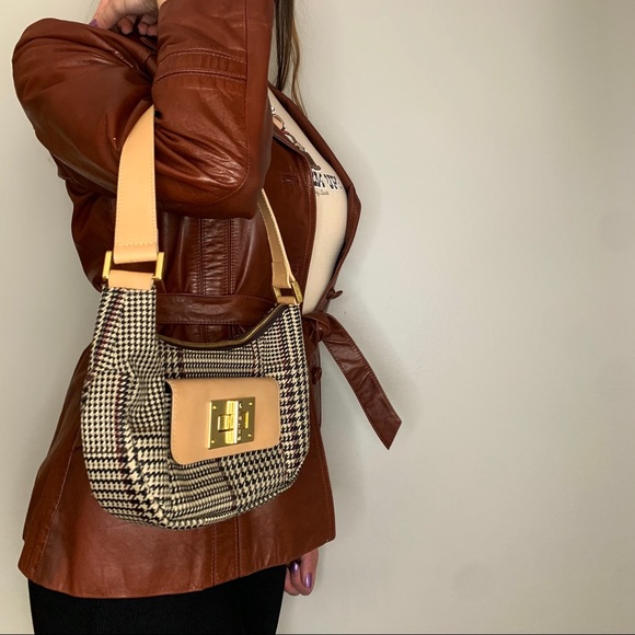 Ralph Lauren Vintage Houndstooth Shoulder Bag Mini Bag Glen Plaid Black Tan Gold - Picture 13 of 13